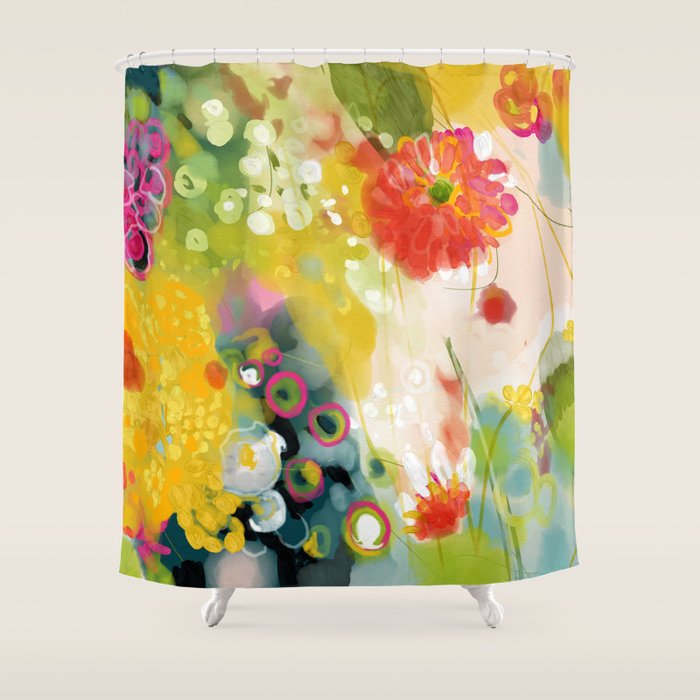 Abstract Floral Art In Yellow Green And Rose Magenta Colors Shower Curtain