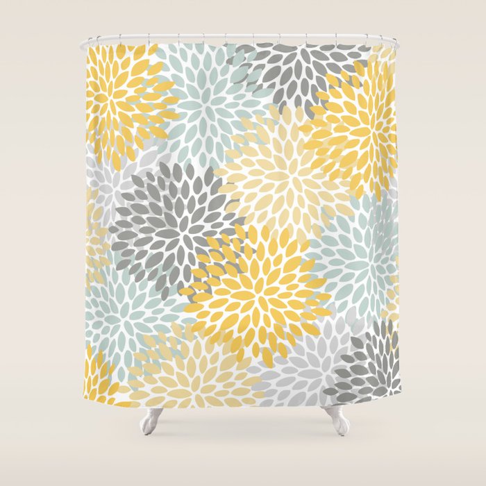 Floral Pattern, Yellow, Pale, Aqua And Gray Shower Curtain