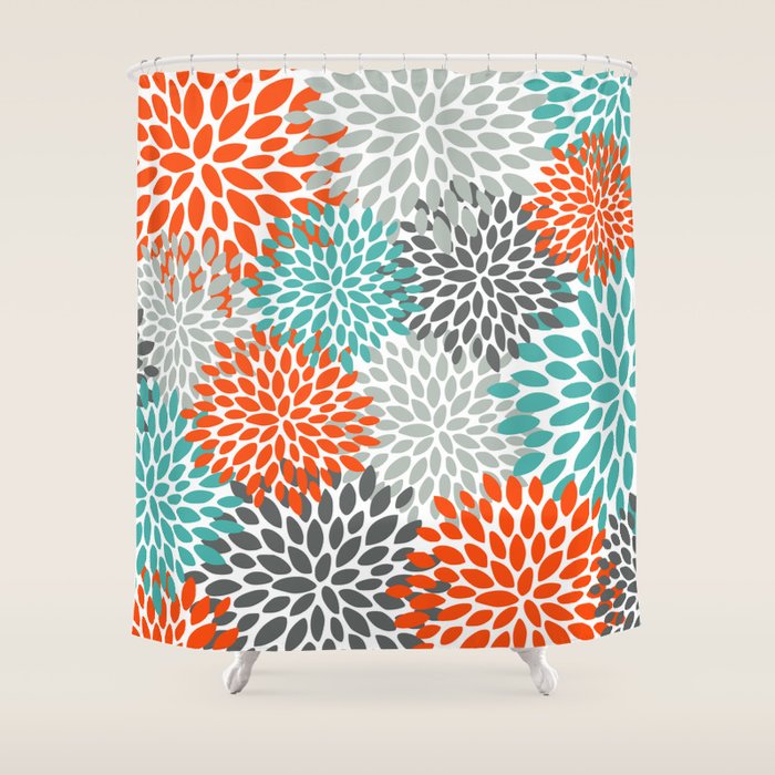 Floral Pattern, Abstract, Orange, Teal And Gray Shower Curtain