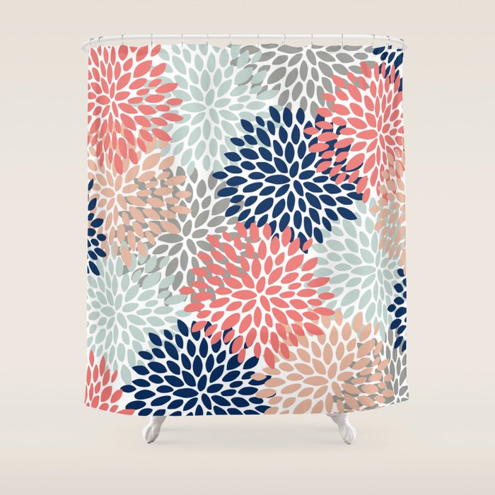Floral Bloom Print, Living Coral, Pale Aqua Blue, Gray, Navy Shower Curtain
