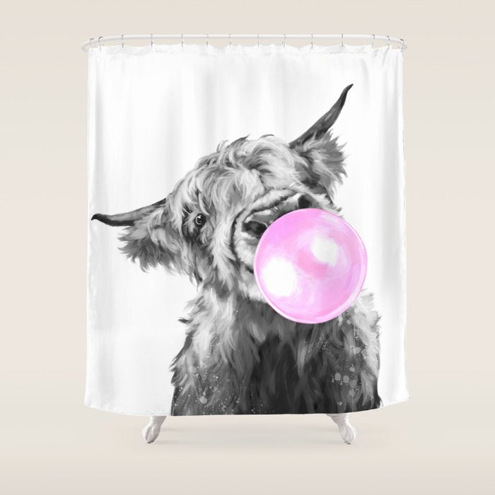Bubble Gum Highland Cow Black And White Shower Curtain