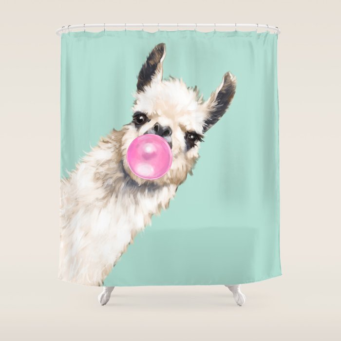 Bubble Gum Sneaky Llama In Green Shower Curtain
