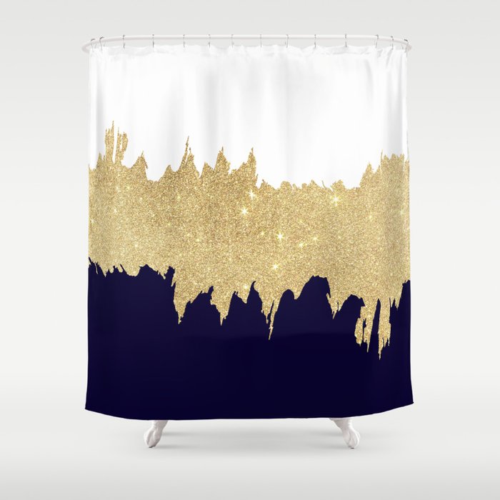 Modern Navy Blue White Faux Gold Glitter Brushstrokes Shower Curtain