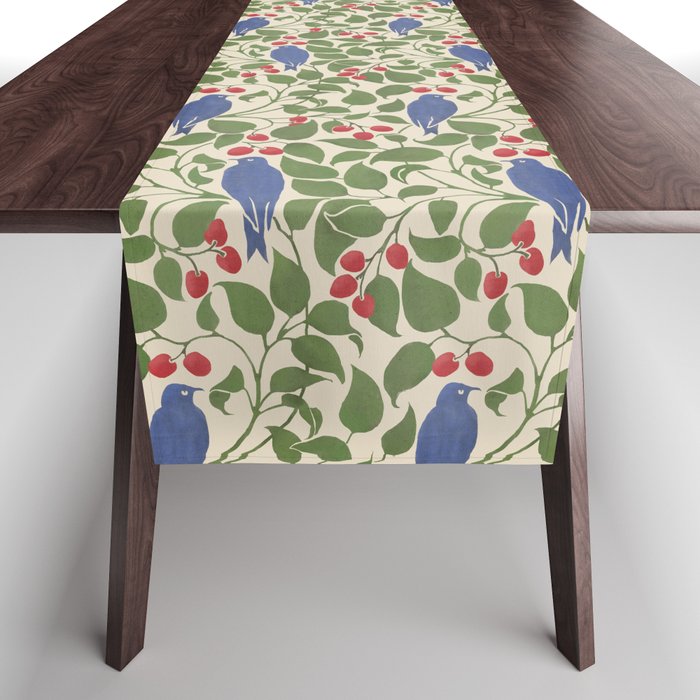 Vintage Blue Birds And Cherries Table Runner