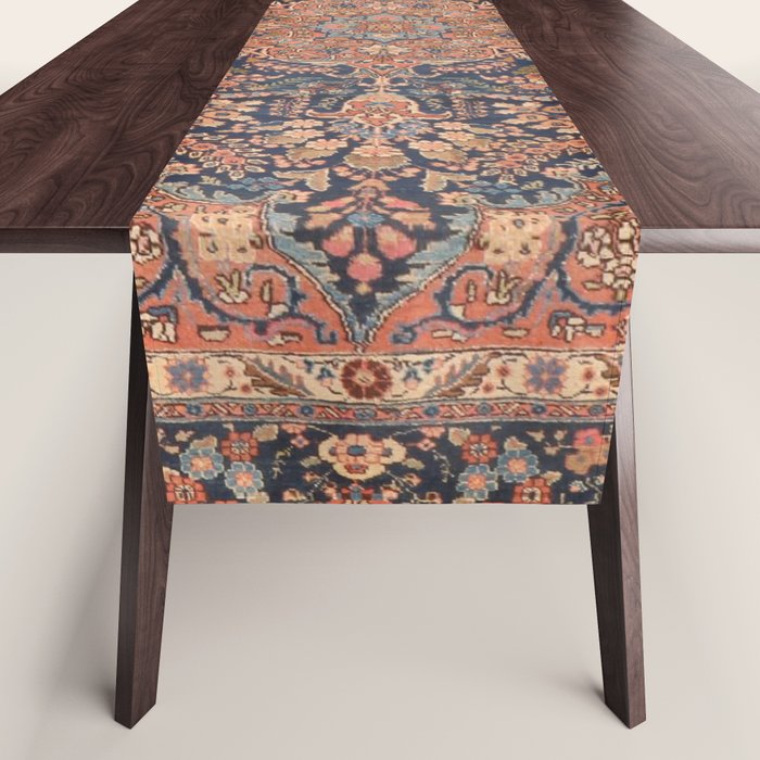 Antique Persian Tabriz Rust Red & Blue Table Runner