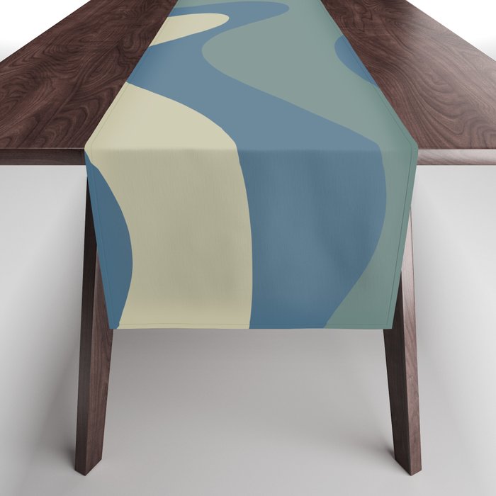 Modern Retro Liquid Swirl Abstract Pattern Square In Vintage Blue Table Runner