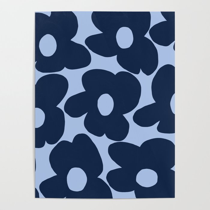 Large Dark Blue Retro Flowers Baby Blue Background #Decor #Homestorie #Buyart Poster