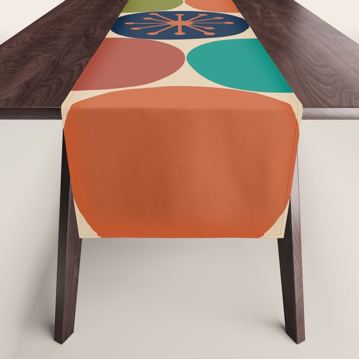 Midcentury Modern Atomic Dot Semi Pattern In Mustard, Olive, Orange, Turquoise, Blue, And Beige Table Runner