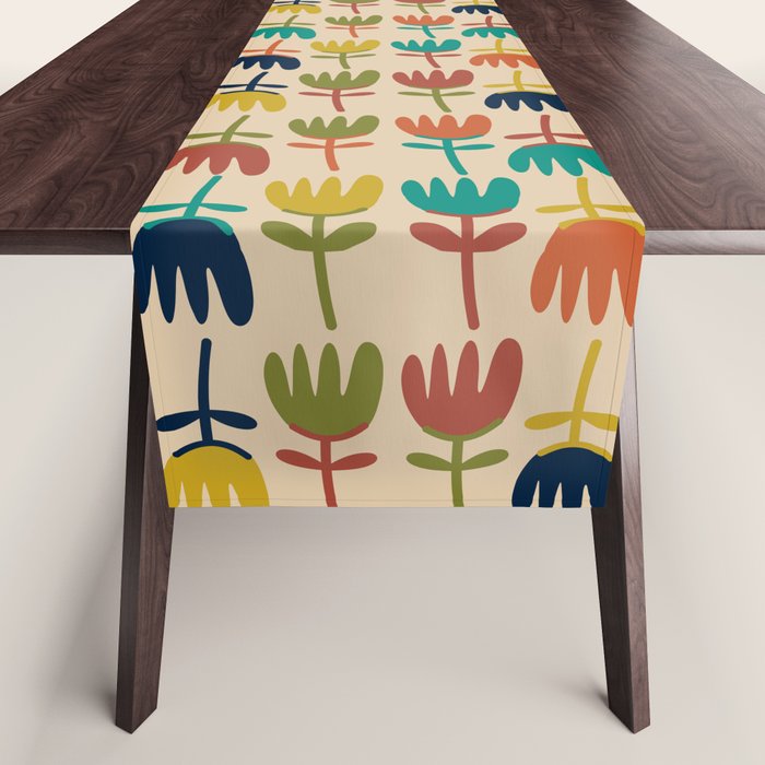 Tulips - Cute Scandinavian Floral Pattern In Midcentury Modern Mustard, Teal, Olive, And Orange On Beige Table Runner