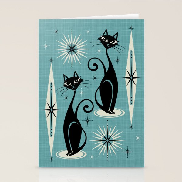 Mid Century Meow Retro Atomic Cats On Blue Stationery Card