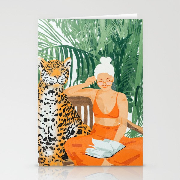 Jungle Vacay | Modern Bohemian Blonde Woman Tropical Travel | Leopard Wildlife Forest Reader Stationery Card
