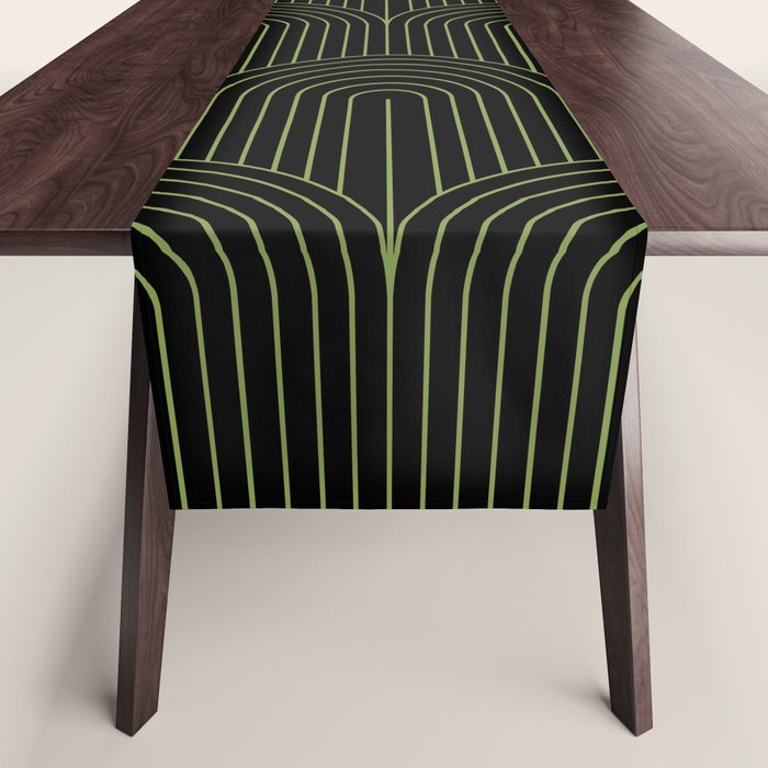 Art Deco Arch Pattern I Black & Neutral Green Table Runner