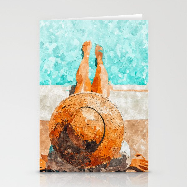 By The Pool All Day, Summer Travel Woman Swimming, Tropical Fashion Bohemian Painting Stationery Card