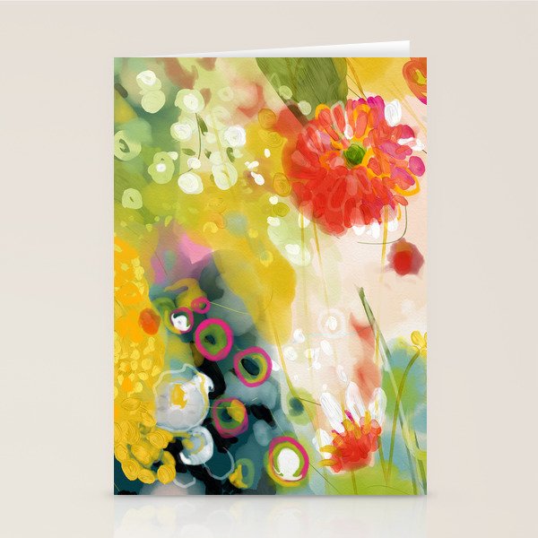 Abstract Floral Art In Yellow Green And Rose Magenta Colors Stationery Card