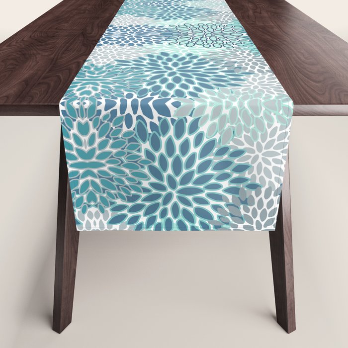 Festive, Floral Prints, Teal, Turquoise And Gray Table Runner