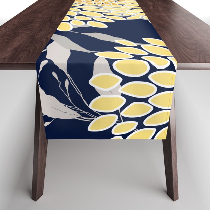 Floral Leaves And Blooms, Yellow And Navy Blue Table Runner
