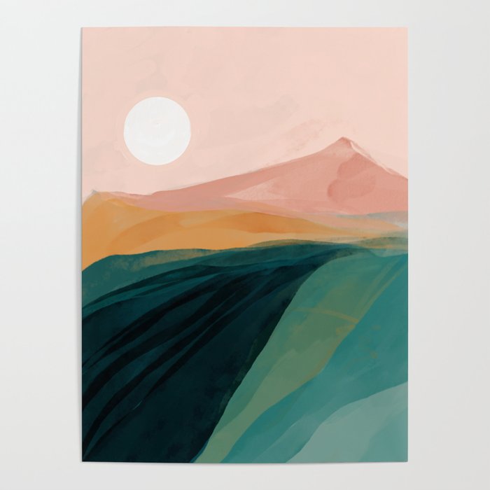 Pink, Green, Gold Moon Watercolor Mountains Poster