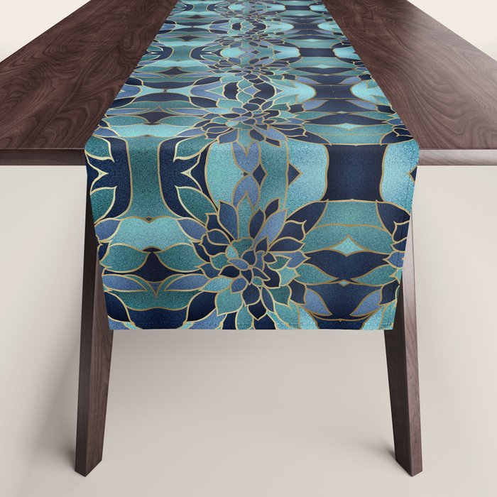 Festive, Floral Prints, Navy Blue, Teal And Gold Table Runner