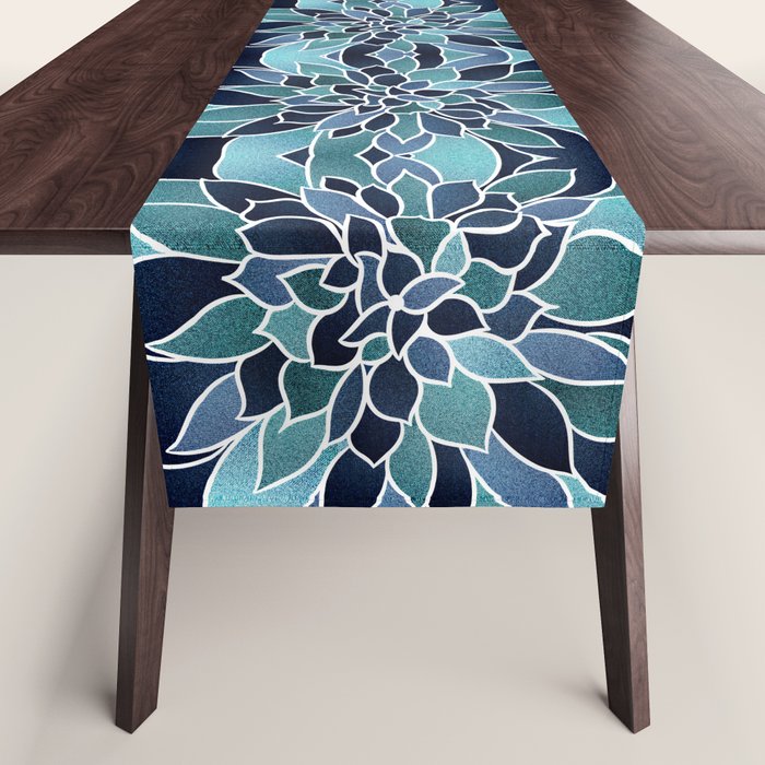 Festive, Flower Bloom, Navy Blue And Teal Table Runner