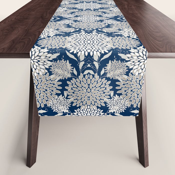 Leaves And Blooms, Blue And Gray Table Runner