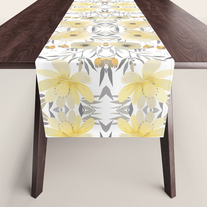 Modern, Floral Prints, Yellow, Gray And White Table Runner