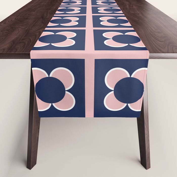 Scandi Flower Minimalist Mid Century Floral Pattern In Pink, White, And Navy Blue Table Runner