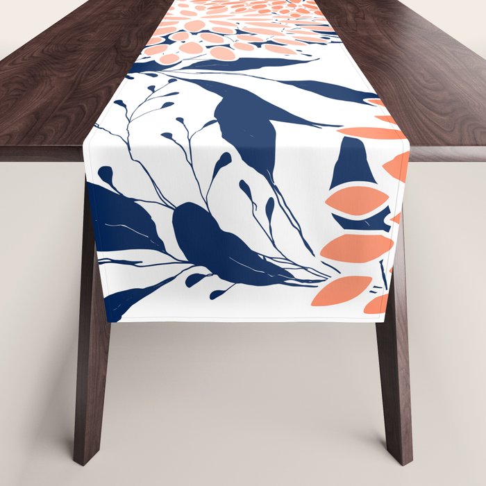 Floral Prints And Leaves, White, Coral And Navy Table Runner