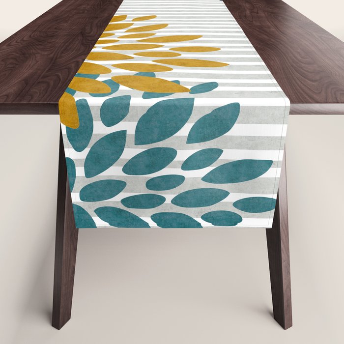 Floral Blooms And Stripes, Navy Blue, Teal, Yellow, Gray Table Runner