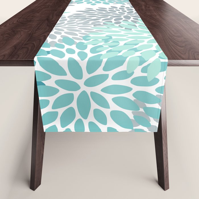Floral Pattern, Aqua, Teal, Turquoise And Gray Table Runner