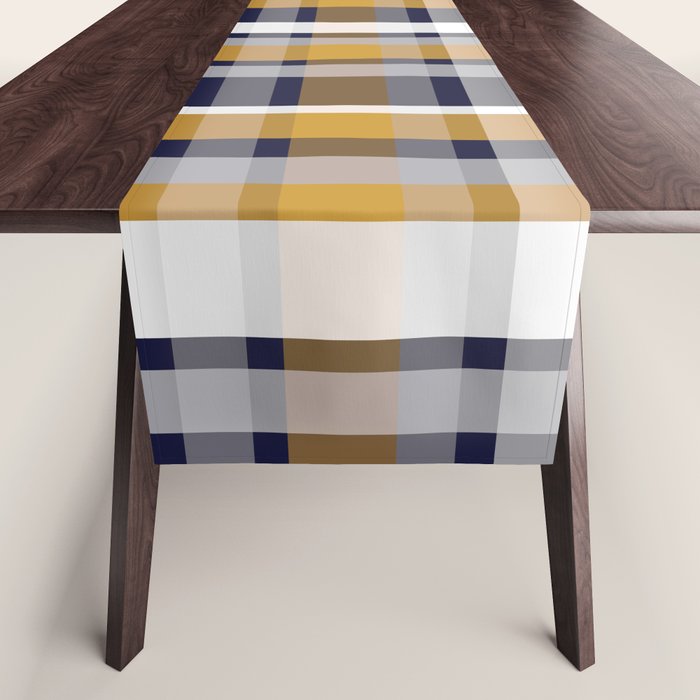Modern Retro Plaid In Mustard Yellow, White, Navy Blue, And Grey Table Runner