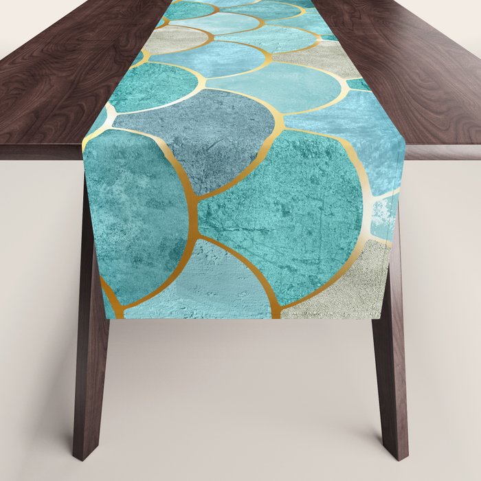 Moroccan Mermaid Fish Scale Pattern, Aqua,Teal Table Runner