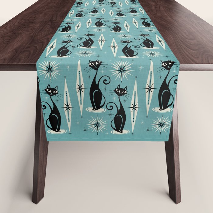 Mid Century Meow Retro Atomic Cats On Blue Table Runner