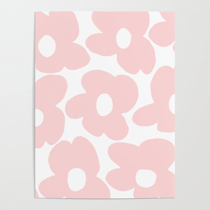 Large Baby Pink Retro Flowers On White Background #Decor #Homestorie #Buyart Poster
