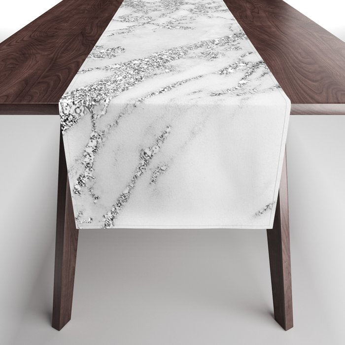Elegant Chic White Gray Silver Glitter Marble Table Runner