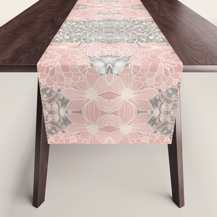 Floral Dahlias, Blush Pink, Gray, White Table Runner