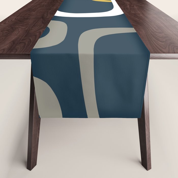 Mid Century Modern Loops Pattern In Light Mustard Yellow, Navy Blue, Gray, And White Table Runner