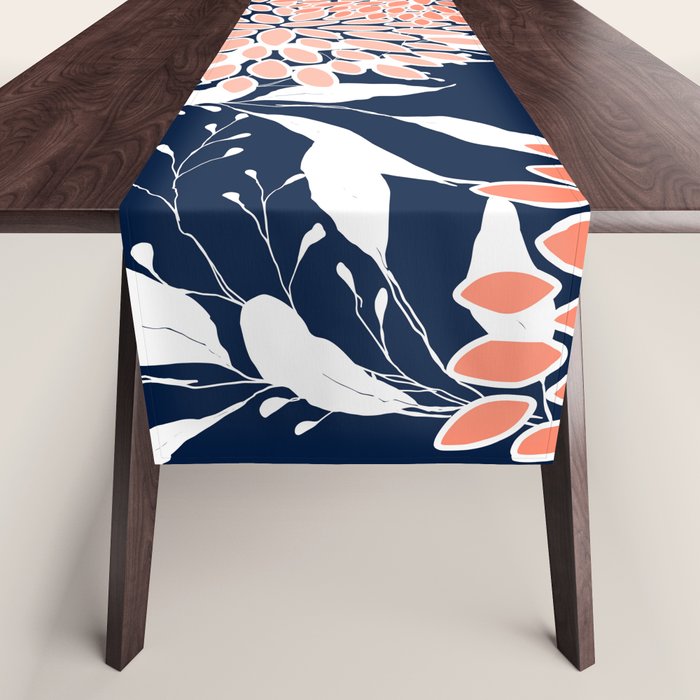 Floral Blooms And Leaves, Navy, Coral And White Table Runner