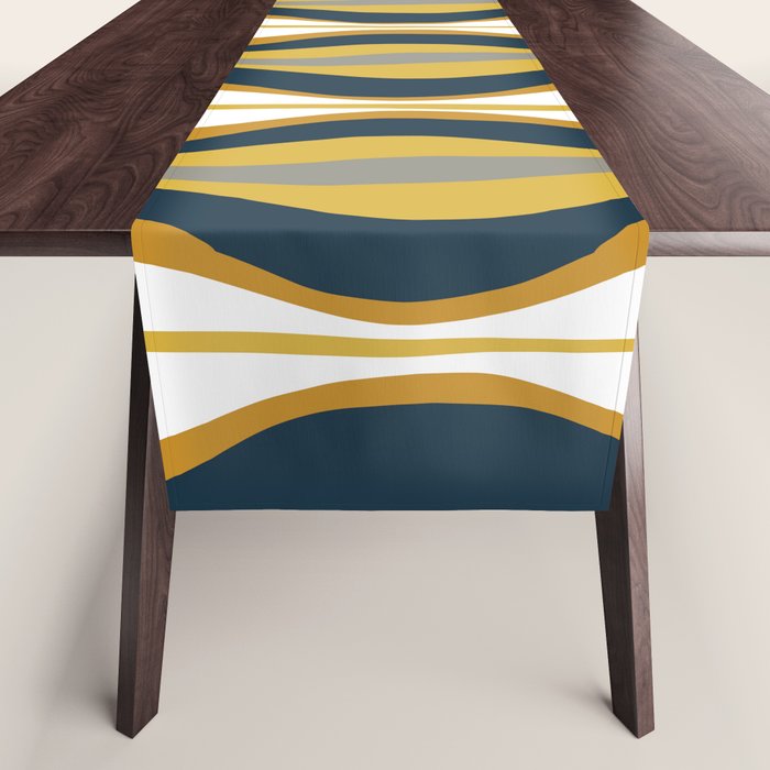 Hourglass Abstract Mid Century Modern Retro Pattern In Mustard Yellow, Navy Blue, Grey, And White Table Runner