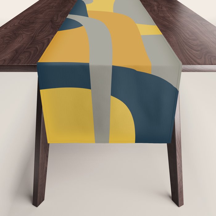 Midcentury Modern Abstract 2 In Mustard, Navy Blue, And Gray Table Runner