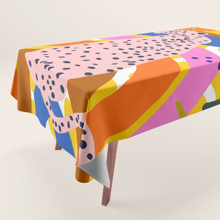Leopard Somewhere Over The Rainbow, Maximalist Abstract Wildlife Jungle Botanical, Pop Of Color Eclectic Animals Illustration  Tablecloth