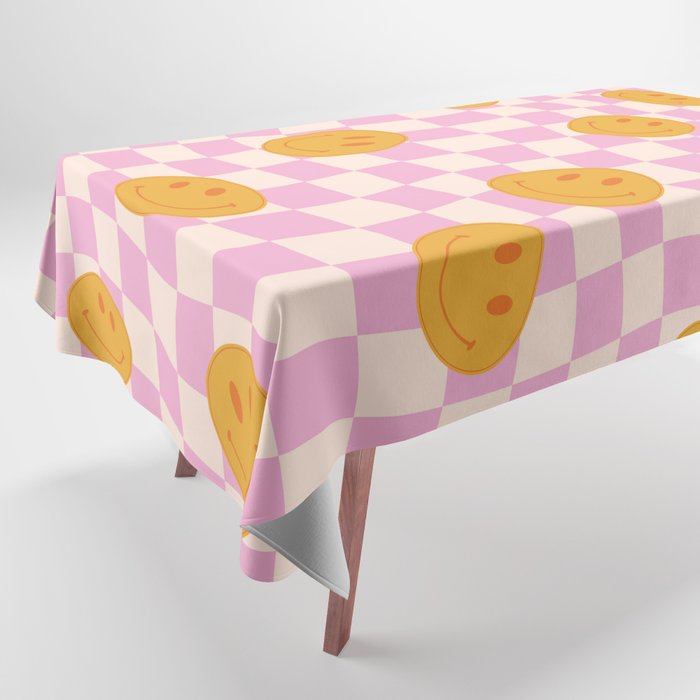 Groovy Smiley Faces On Pastel Pink Twisted Checkerboard Tablecloth