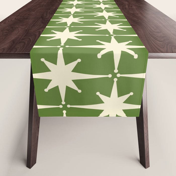 Atomic Age Starbursts - Midcentury Modern Pattern In Cream And Retro Green Table Runner