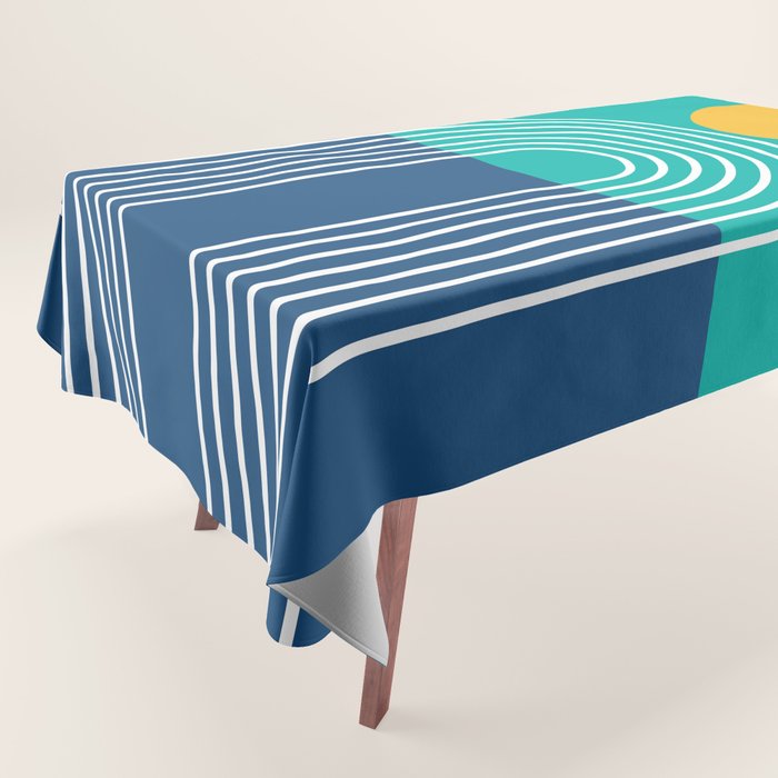 Geometric Lines In Blue Teal Yellow (Sun And Rainbow Abstraction) Tablecloth