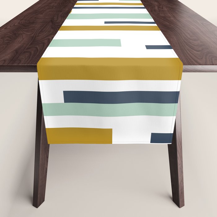 Interrupted Lines Mid-Century Modern Minimalist Pattern In Navy Blue, Teal Mint, Gold Mustard, White Table Runner