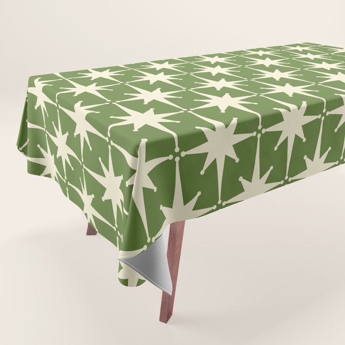Atomic Age Starbursts - Midcentury Modern Pattern In Cream And Retro Green Tablecloth