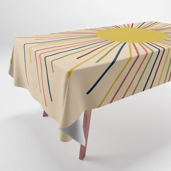 Mid-Century Modern Sunburst - Minimalist Abstract Sun In Mid Mod Mustard, Orange, Olive, Blue, And Beige Tablecloth