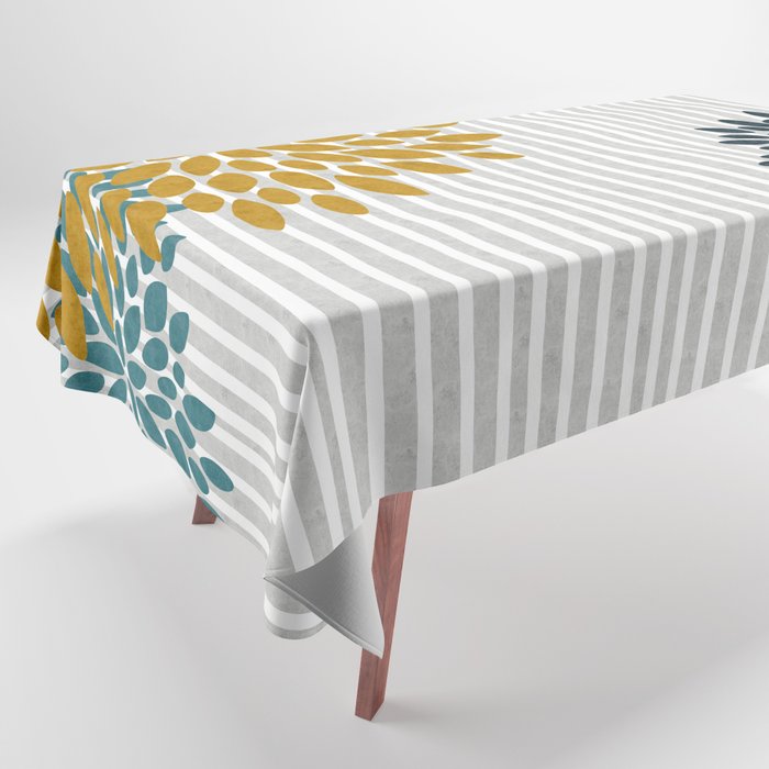 Floral Blooms And Stripes, Navy Blue, Teal, Yellow, Gray Tablecloth