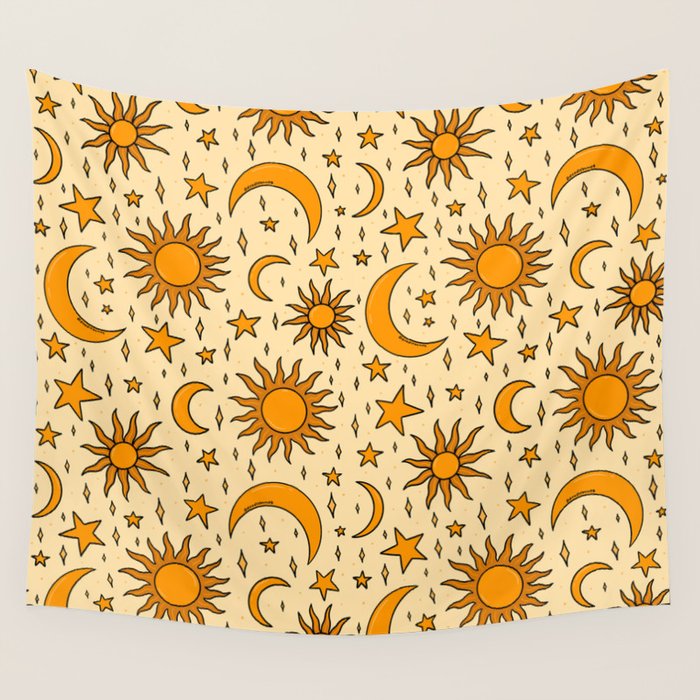Vintage Sun And Star Print Wall Tapestry