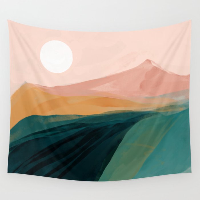 Pink, Green, Gold Moon Watercolor Mountains Wall Tapestry
