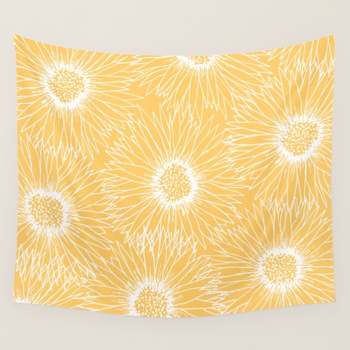 Yellow Sunflowers Line Art Wall Tapestry